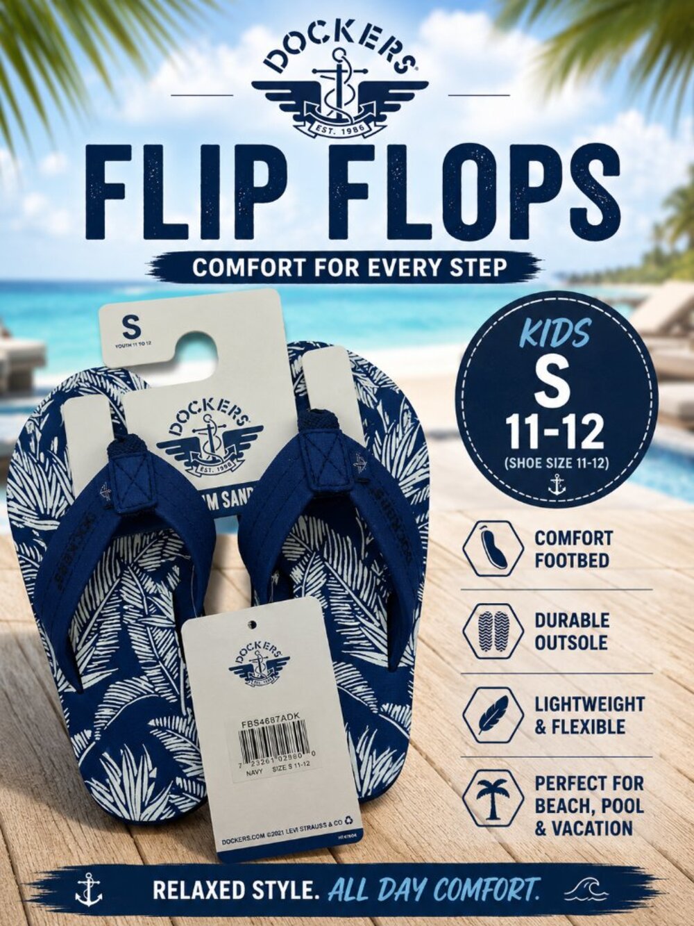 Docker's Premium Kids Tropical Hawaiian Palm Print Navy Sandals S 11/12